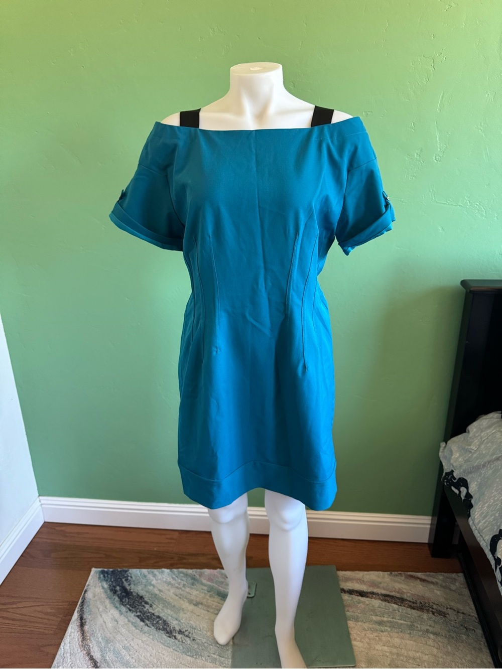 Shape FX Teal Off-the-Shoulder Sheath Dress with Black Straps Sz 12